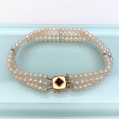 Picture of Vintage 14K Gold, Natural Pearl & Rubellite Triple Strand Bracelet