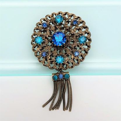 Picture of Vintage Hobe Gilt Brass & Blue & Green Rhinestone Brooch/Pendant With Tassels