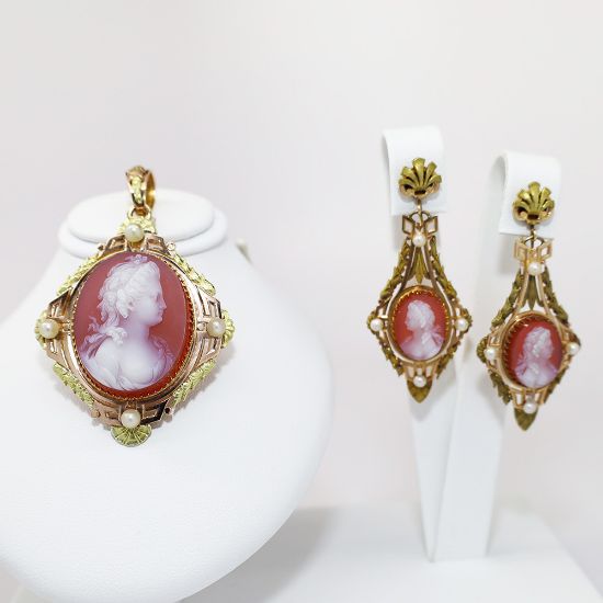 Picture of Mid Century Victorian Revival 10k Rose & Yellow Gold, Pearl & Carved Stone Cameo Earring & Pendant Set