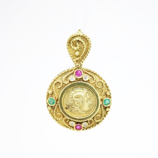 Picture of Replica Ancient Greek Coin Pendant with Diamonds and Gemstones