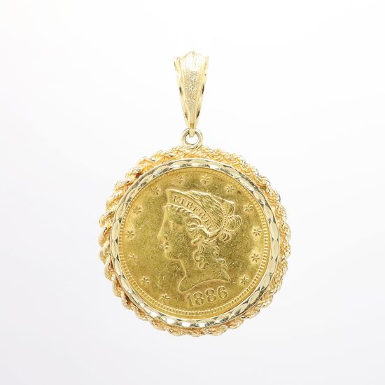 Picture of $10 Gold Liberty Coin Pendant, Dated 1886 with a 14k Yellow Gold Rope Bezel