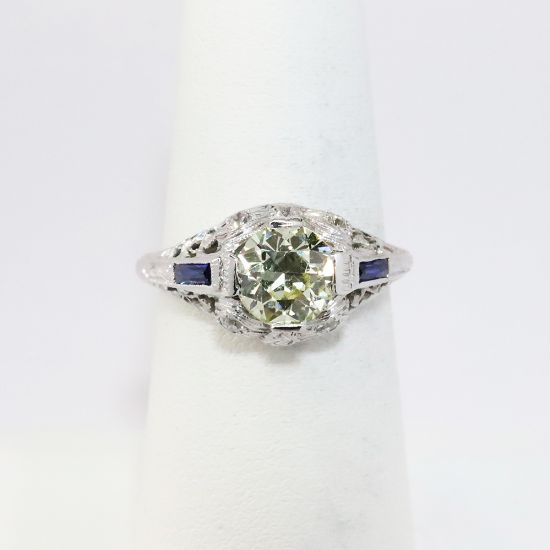 Picture of Early Art Deco Era Platinum Filigree & Yellow Diamond Engagement Ring with Synthetic Sapphire Accents