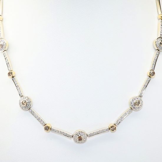 Picture of 18k Two-Tone Gold Necklace with Clear Round Brilliant Diamonds & Champagne Diamond Accented Stations