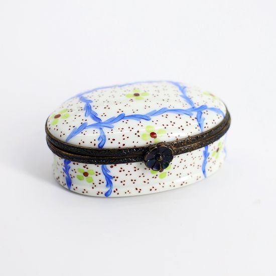 Picture of Vintage Traditional Limoges Porcelain Trinket Box with Green & Blue Flower Motif