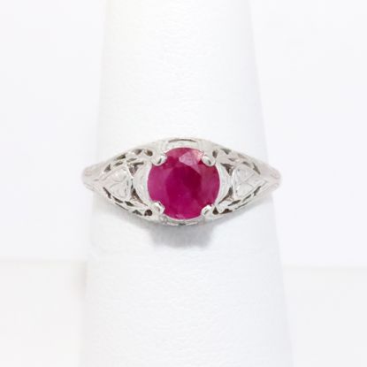 Picture of Antique Art Deco 10k White Gold Filigree & Ruby Solitaire Ring