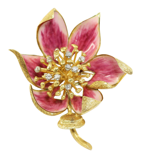 Picture of Vintage Mid Century Italian 18k Gold, Diamond & Pink Enameled Flower Brooch