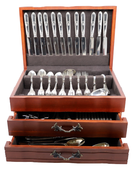 Picture of Olier & Caron of Paris 'Empire' 119-Piece Sterling Silver Flatware Set with Chest