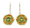 Picture of 18k Yellow Gold & Peridot Cabochon Flower Drop Earrings with Orange & Green Guilloche Enameled Petals