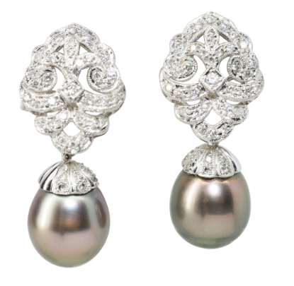 Picture of 18K White Gold Tahitian Black Cultured Pearl and Diamond Earrings