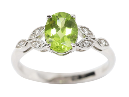 Picture of 14k White Gold, Oval Cut Peridot & Diamond Ring