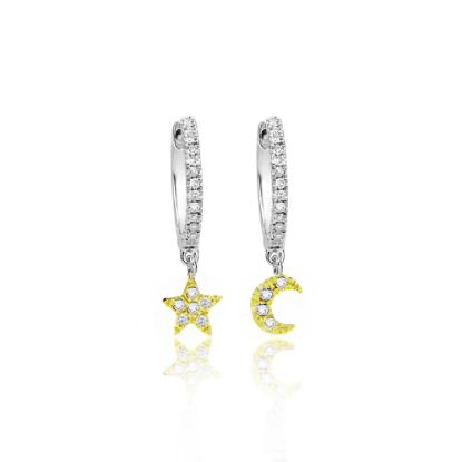 Picture of 14k Two-Tone Gold Moon & Star Diamond Huggies Earrings