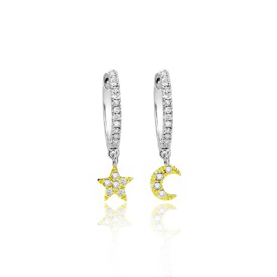Picture of 14k Two-Tone Gold Moon & Star Diamond Huggies Earrings