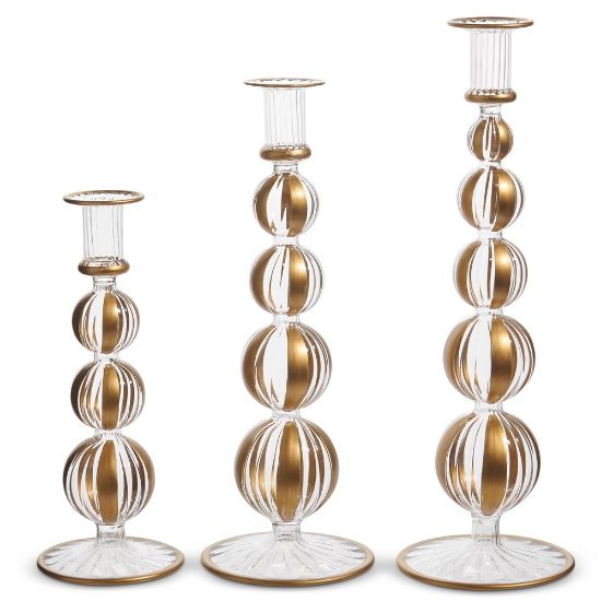 Picture of Set of 3 Gold Striped Glass Candlesticks