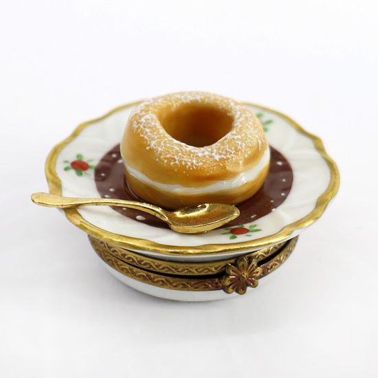 Picture of Limoges Porcelain Paris-Brest Pastry on Plate with Spoon Trinket Box