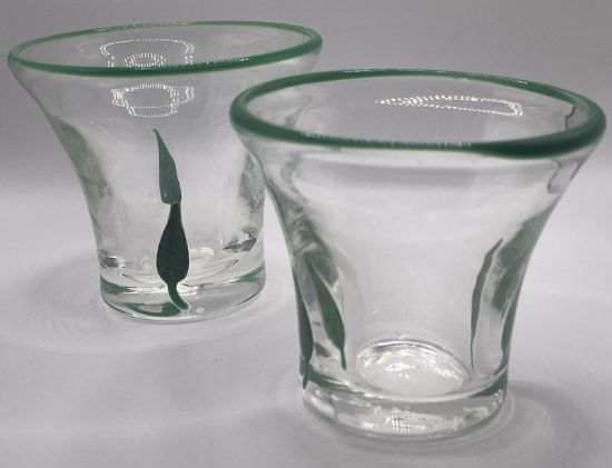 Picture of Annieglass Pair of Green Rimmed & Leaf Votive Candle Holders