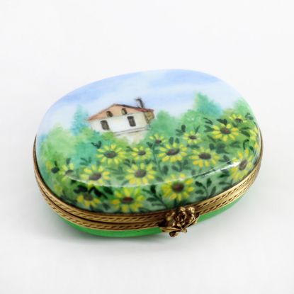 Picture of Limoges Porcelain Oval Trinket Box Painted with Field of Sunflowers