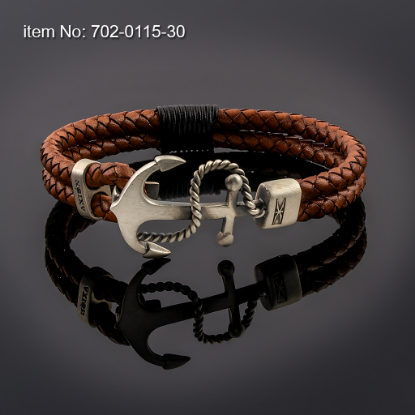 Picture of AXION Sterling Silver and Brown Double Leather Bracelet with Roped Anchor