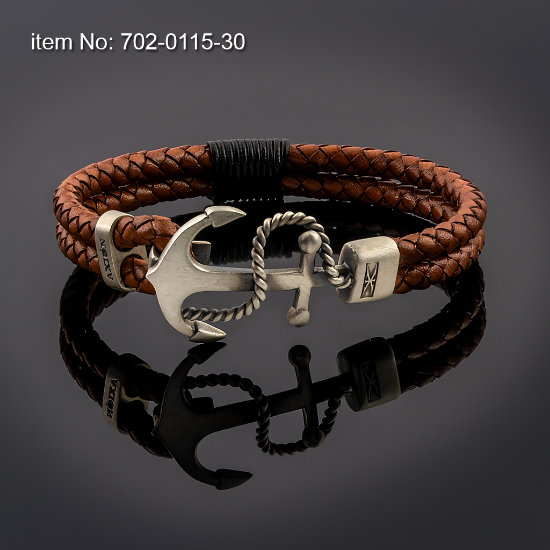 Picture of AXION Sterling Silver and Brown Double Leather Bracelet with Roped Anchor