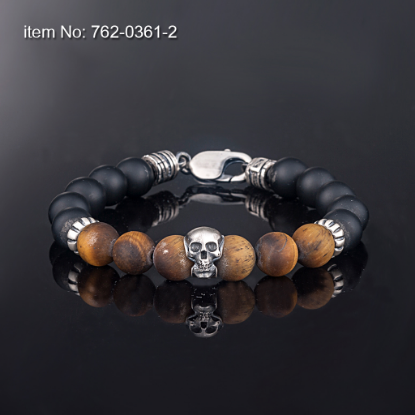 Picture of AXION Sterling Silver Skull Motif Bracelet with Black Onyx & Tiger Eye Beads