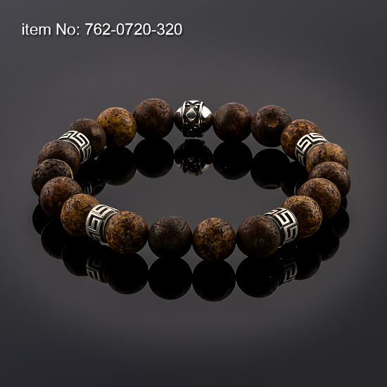 Picture of AXION Sterling Silver Flexible Tiger's Eye Bead Bracelet with Meanders Motif