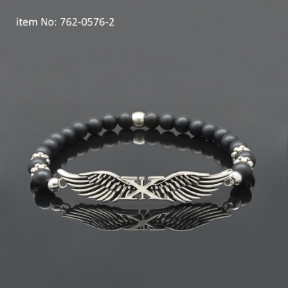 Picture of AXION Sterling Silver Matte Onyx & Washers Bead Bracelet with AXION Wings Motif 