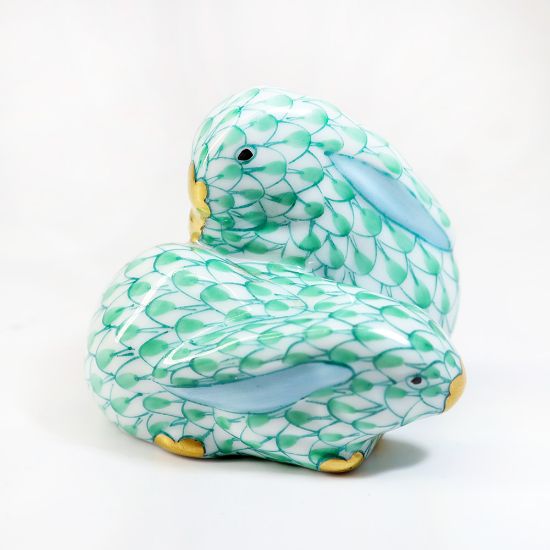 Picture of Herend Porcelain Pair of Rabbits Figurine #5324 in Green Fishnet