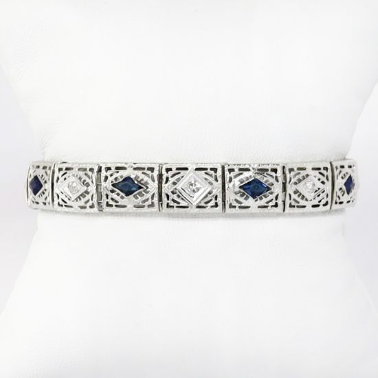 Picture of Art Deco 14k White Gold Filigree Diamond and Sapphire Bezel Set Bracelet