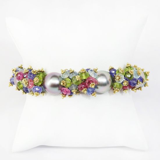 Picture of 18k Yellow, Gold Cultured Pearl, Multi-Gemstone and Diamond Bracelet