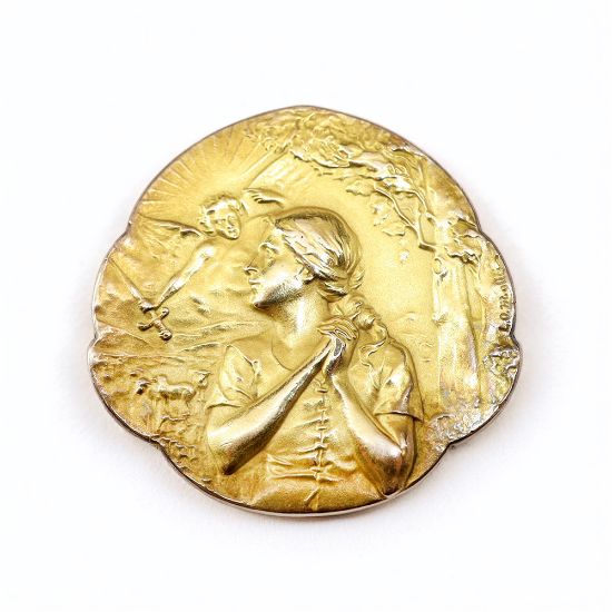 Picture of Antique French Rolled Gold Saint Jeanne d'Arc Religious Brooch/Medal by Savard & Fils
