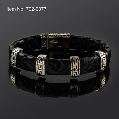 Picture of AXION Sterling Silver Greek Key & Black Leather Bracelet