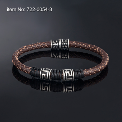 Picture of Sterling Silver Brown Leather Bracelet with Greek Meanders Motif