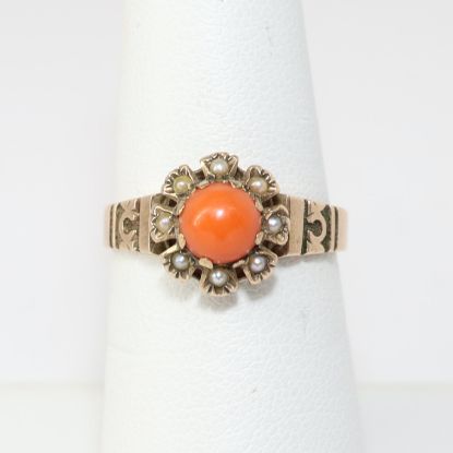 Picture of Antique Victorian 10k Gold Ring with Coral Cabochon & Seed Pearl Halo