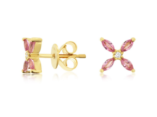Picture of 14k Yellow Gold Pink Sapphire & Diamond Flower Earrings
