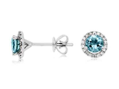 Picture of 14k White Gold Round Aquamarine & Diamond Halo Earrings