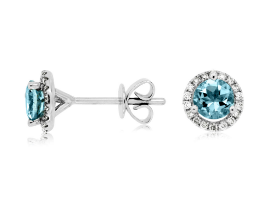 Picture of 14k White Gold Round Aquamarine & Diamond Halo Earrings