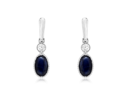 Picture of 14k White Gold Mini Dangling Oval Sapphire & Diamond Earrings