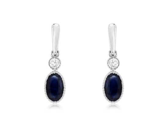 Picture of 14k White Gold Mini Dangling Oval Sapphire & Diamond Earrings