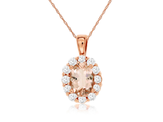 Picture of 14k Rose Gold Oval Morganite & Diamond Halo Pendant
