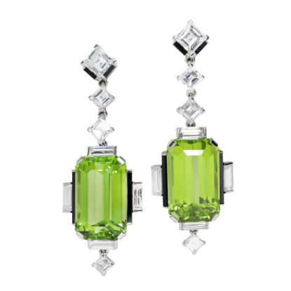 Picture of Platinum, Peridot, Diamond & Onyx Art Deco Style Earrings by Raymond C. Yard