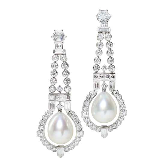 Picture of Platinum, South Sea Pearl Drops & Diamond Earrings by Raymond C. Yard