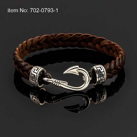 Picture of AXION Sterling Silver Hook & Brown Braided Leather Bracelet with Greek Key Motifs 