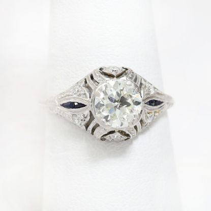 Picture of Antique Late Edwardian Platinum & Old European Cut Diamond Ring with Synthetic Sapphire Accents