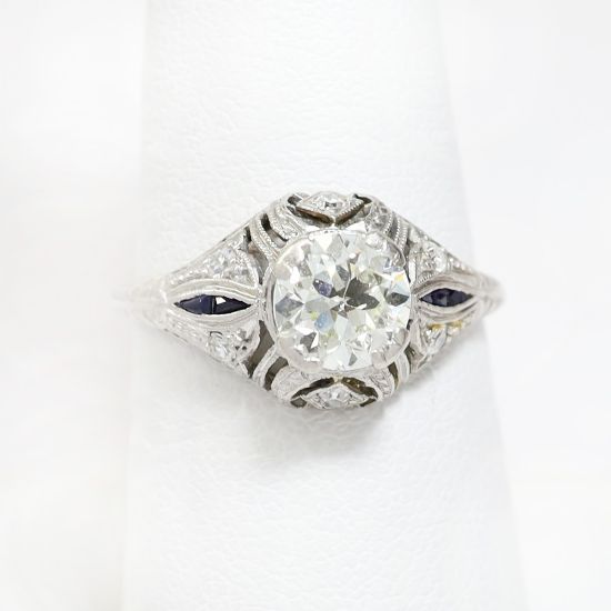 Picture of Antique Late Edwardian Platinum & Old European Cut Diamond Ring with Synthetic Sapphire Accents