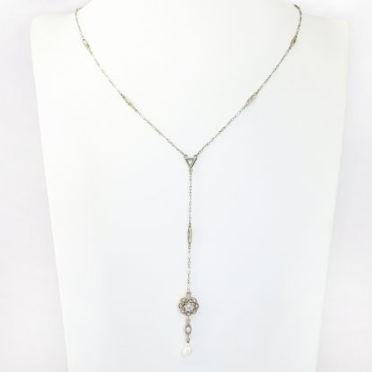 Picture of Art Deco Inspired 14k White Gold, Diamond & Pearl Lavalier Necklace