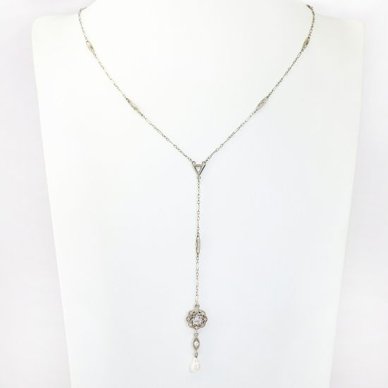 Picture of Art Deco Inspired 14k White Gold, Diamond & Pearl Lavalier Necklace