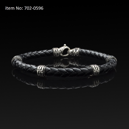 Picture of AXION Sterling Silver Black Braided Leather Bracelet with Greek Motifs 