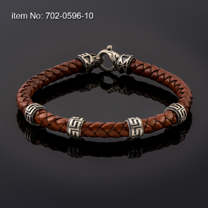 Picture of AXION Sterling Silver Light Brown Braided Leather Bracelet with Greek Motifs 