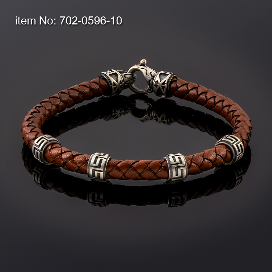 Picture of AXION Sterling Silver Light Brown Braided Leather Bracelet with Greek Motifs 