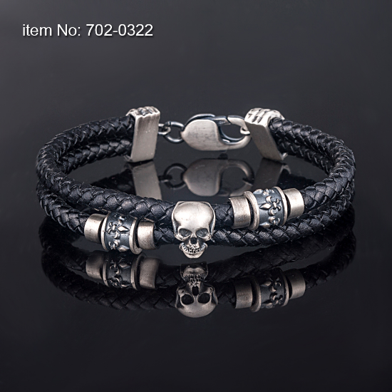 Picture of AXION Sterling Silver Skull Motif & Double Wrap Black Leather Bracelet