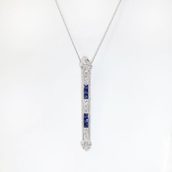 Picture of Art Deco Era Platinum, Diamond & Blue Sapphire Pendant Necklace